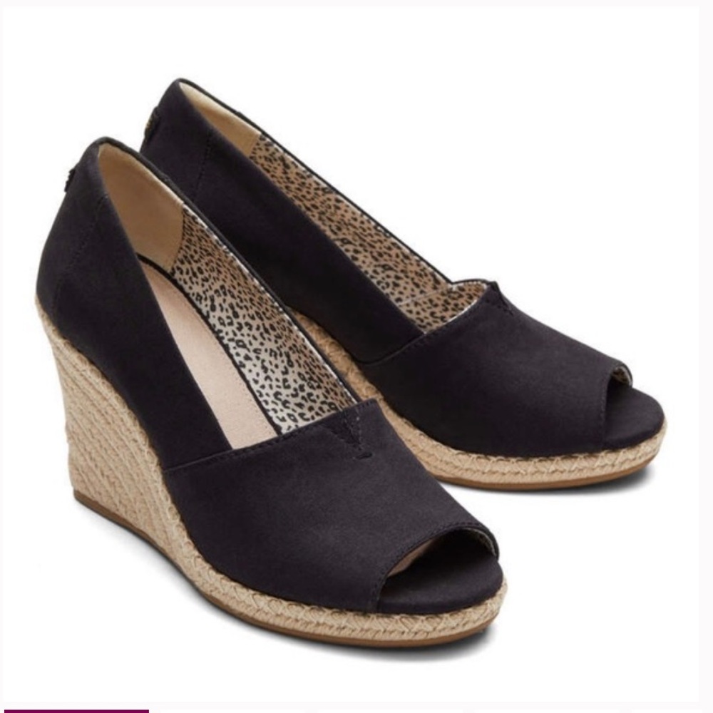 NWOT TOMS | Women’s Black Canvas Peep-Toe Michelle Wedge Espadrille Heels Sz 12